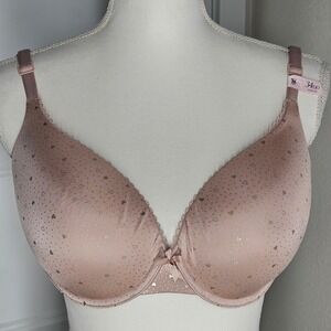 NWT Victoria's Secret 34DD Push Up Bra Pink Gold Heart Print Lace Trim Bow Charm